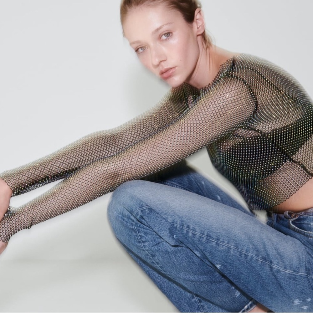 Zara NWOT Shimmer Mesh Crop Top | Black | Small